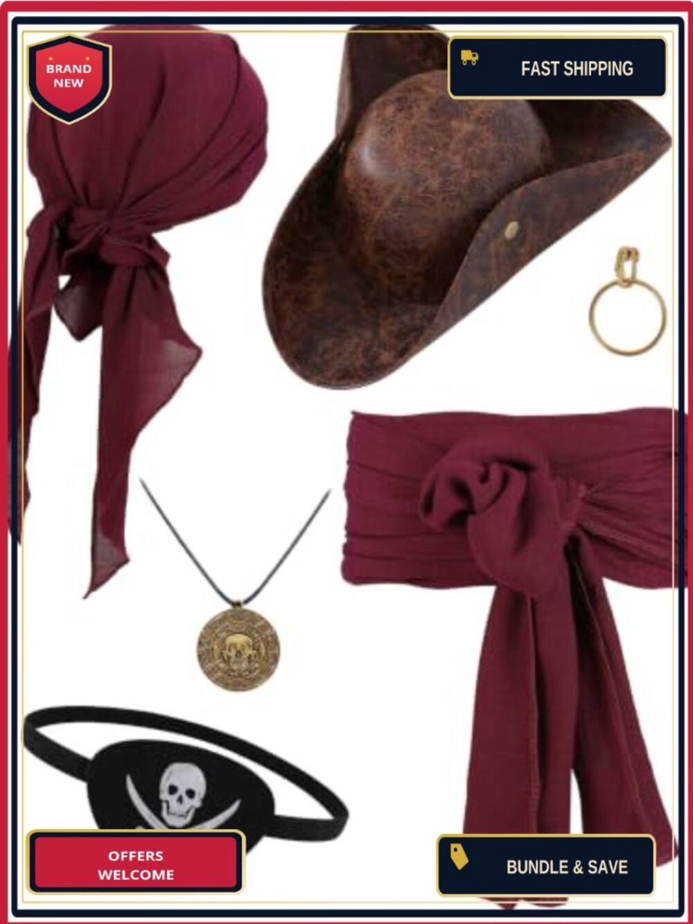 6-Piece Pirate Costume Accessory Set Faux Leather Tricorn Hat Bandana Sash